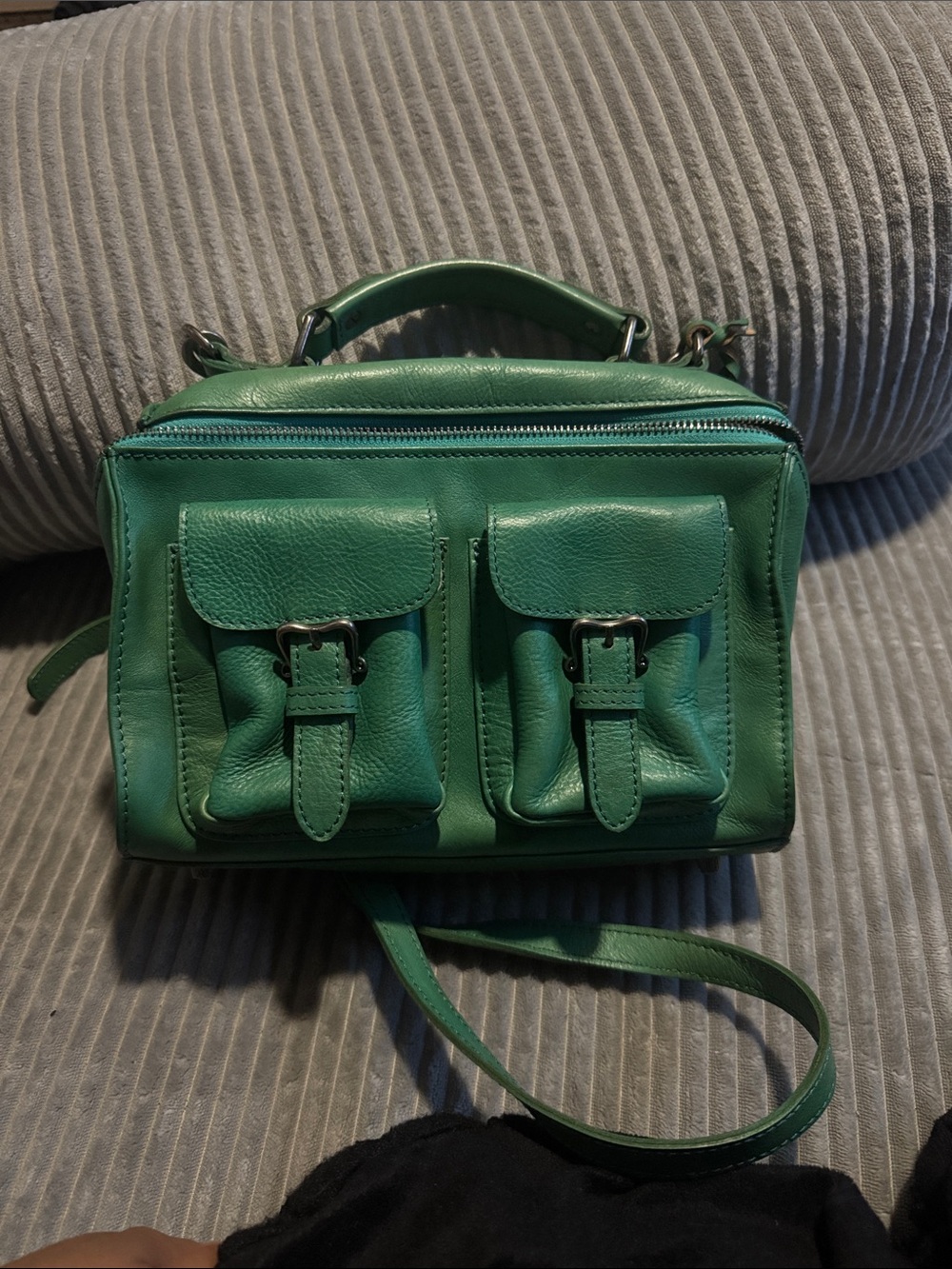 Green Leather Crossbody Bag with Front Pockets